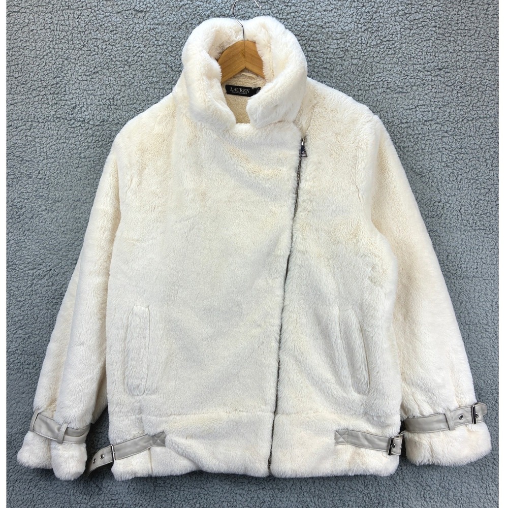 Lauren Ralph Lauren Faux Fur Moto Jacket Women's Medium Cream Winter Coat Flaw